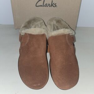 Clarks Roseville Clog Mahogany Suede Slip-On Shoes US 7 M‎ EU 37.5 Fur Lined New